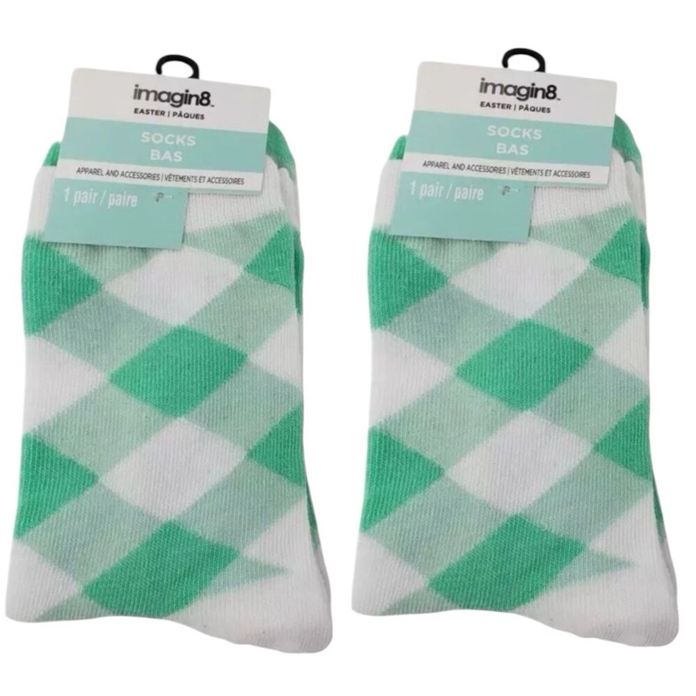 2x Imagin8 Ladies Easter Socks Size 9-11 Green & White Plaid